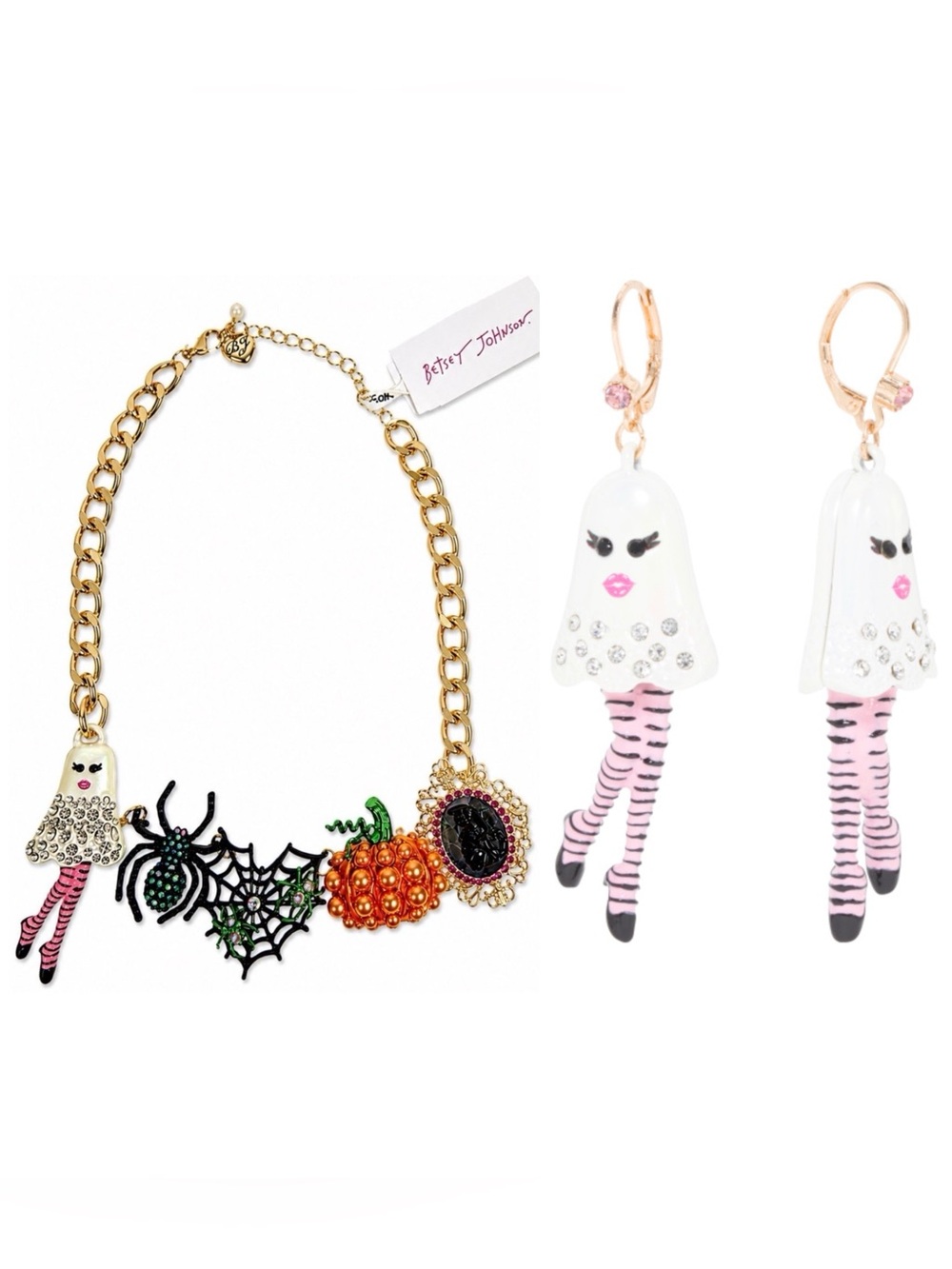 BETSEY JOHNSON SET Halloween Revival Charm Necklace & Ghosts Earrings NEW NWT
